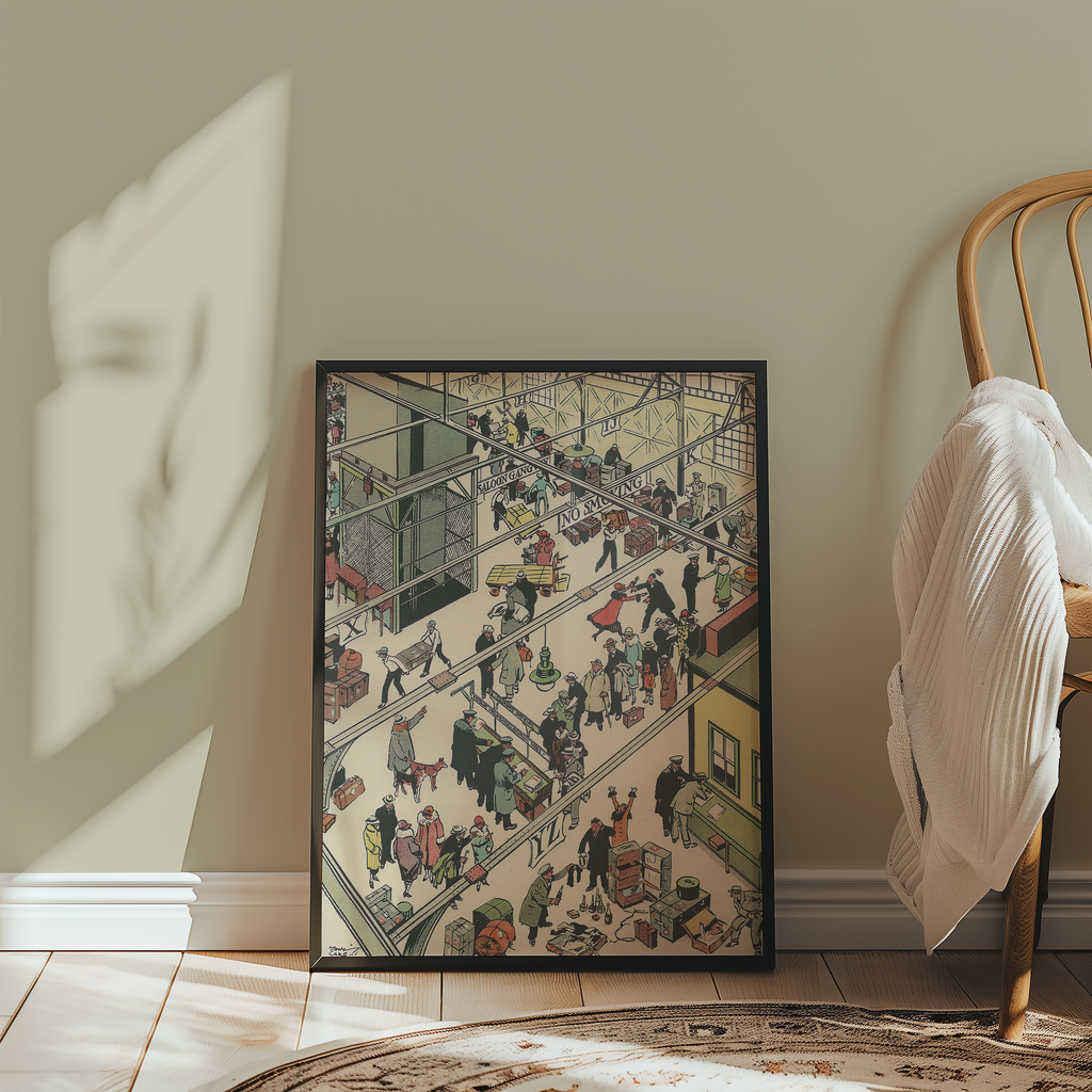 Vintage NYC Art Print — 1920s Steamship Pier Customs — New York Wall Decor