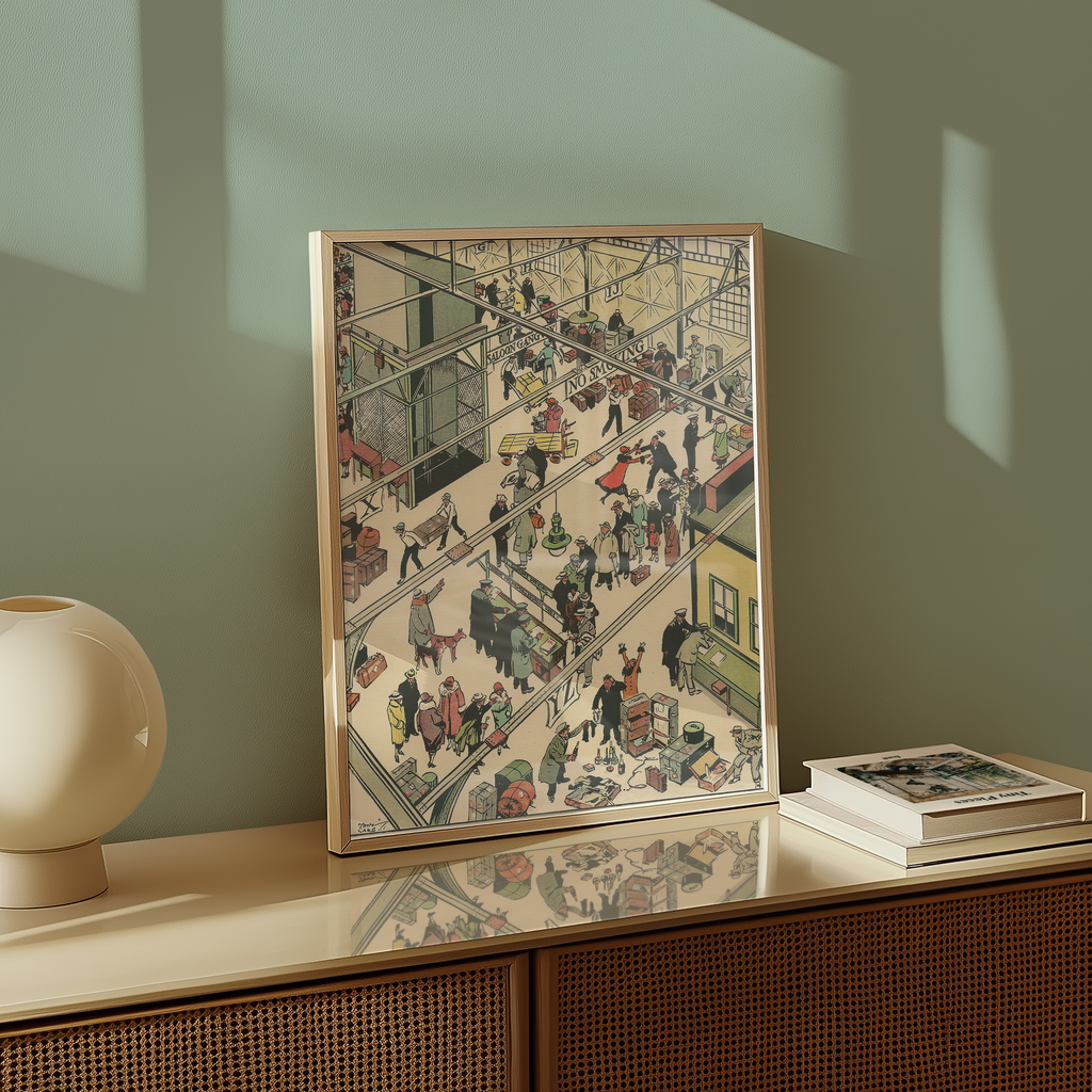 Vintage NYC Art Print — 1920s Steamship Pier Customs — New York Wall Decor