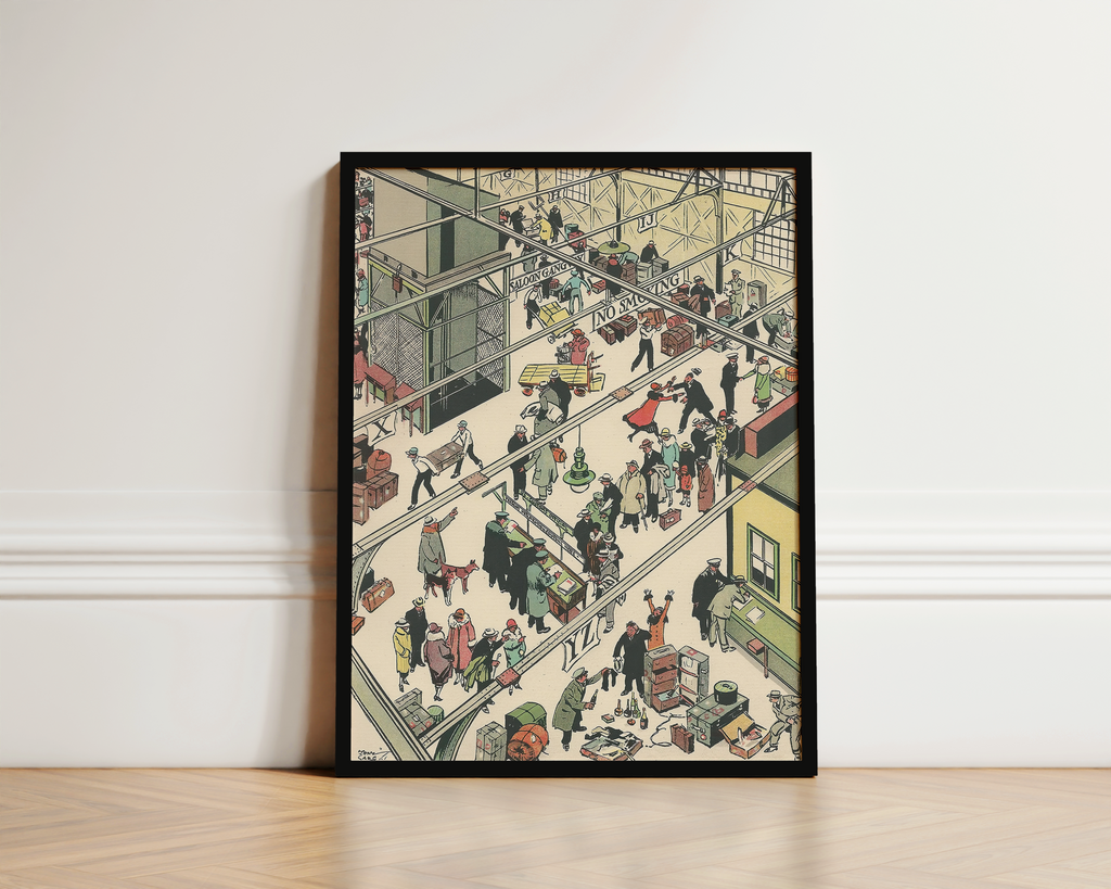 Vintage NYC Art Print — 1920s Steamship Pier Customs — New York Wall Decor